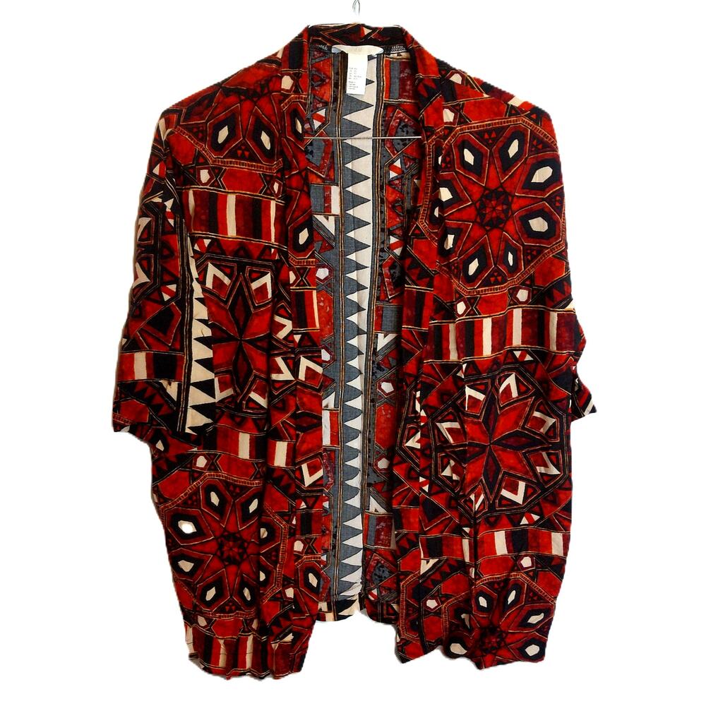 H&M Tribal Tiki Print Kimono Shirt Red Orange Black Geometric Boho Size XS